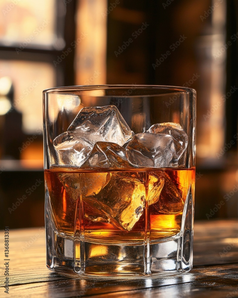 Close-up of refreshing amber drink with ice cubes on wooden table Close-up of refreshing amber drink with ice cubes on wooden table
