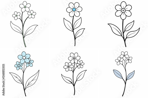 Forget Me Not Flower Plant Outline Coloring Page - Line Art Drawing Set on White Background