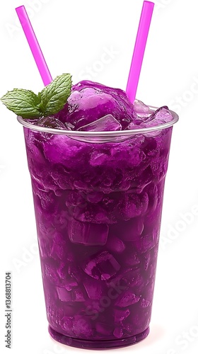Iced purple drink with mint in plastic cup.