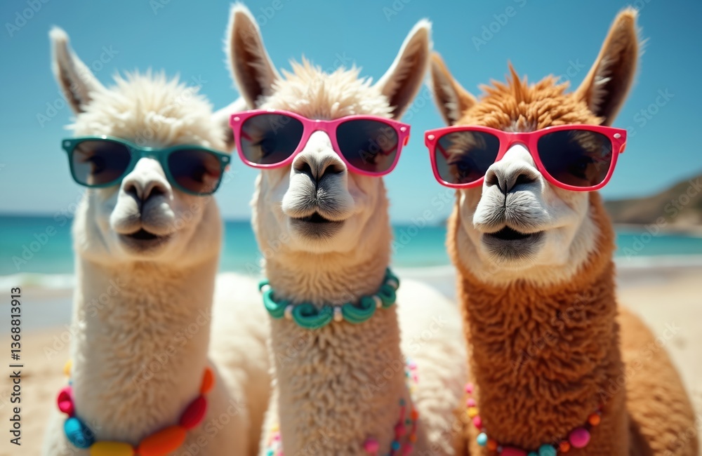 Fototapeta premium Three llamas wear sunglasses. Llamas take selfie on beach vacation. Alpaca friends have fun. Funny animals enjoy summer holiday near ocean. AI generated image.