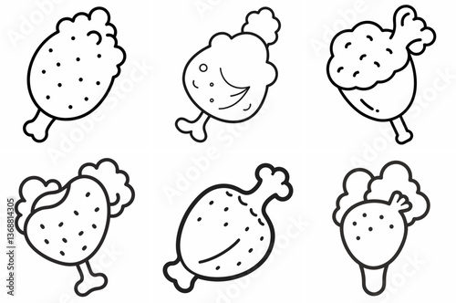 Fried Chicken Outline Coloring Page - Line Art Drawing Set on White Background