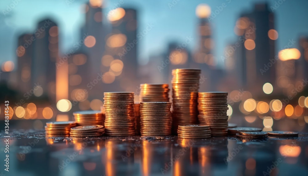 Stacks of gold coins against blurred cityscape background. Finance, business, investment concept. Money, wealth, capital growth, financial market. Economic success, financial district, banking, Stacks of gold coins against blurred cityscape background. Finance, business, investment concept. Money, wealth, capital growth, financial market. Economic success, financial district, banking,