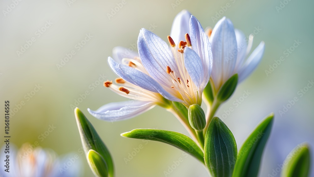 Fototapeta premium Delicate lavender flower, light petals, green stem, bokeh background