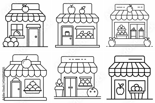 Fruit Shop Outline Coloring Page - Line Art Drawing Set on White Background