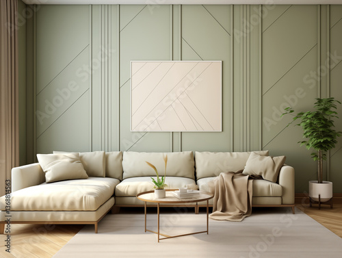 Living room interior with light sage tone geometric wood wall panelling . Sage and neutral home interior