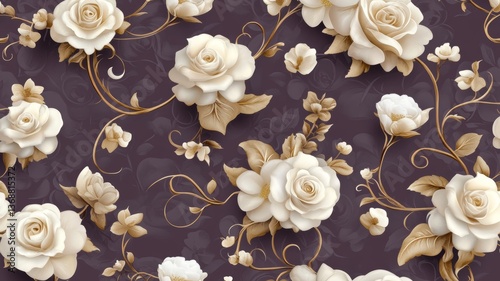 Wallpaper Mural Elegant floral pattern featuring cream roses and delicate white blossoms on a dark background with intricate gold detailing Torontodigital.ca