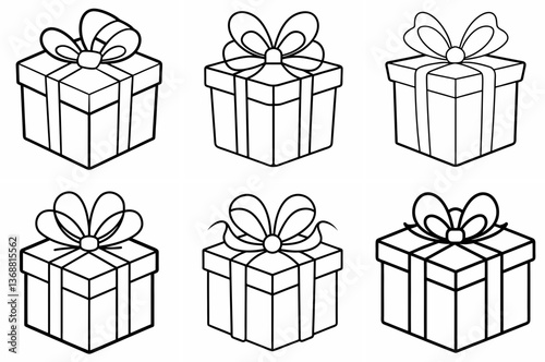 Gift Box with Doodle Geometric Pattern Outline Coloring Page - Line Art Drawing Set on White Background