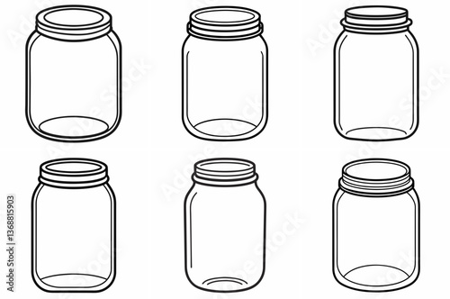 Glass Mason Jar Outline Coloring Page - Line Art Drawing Set on White Background