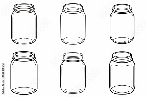 Glass Mason Jar Outline Coloring Page - Line Art Drawing Set on White Background