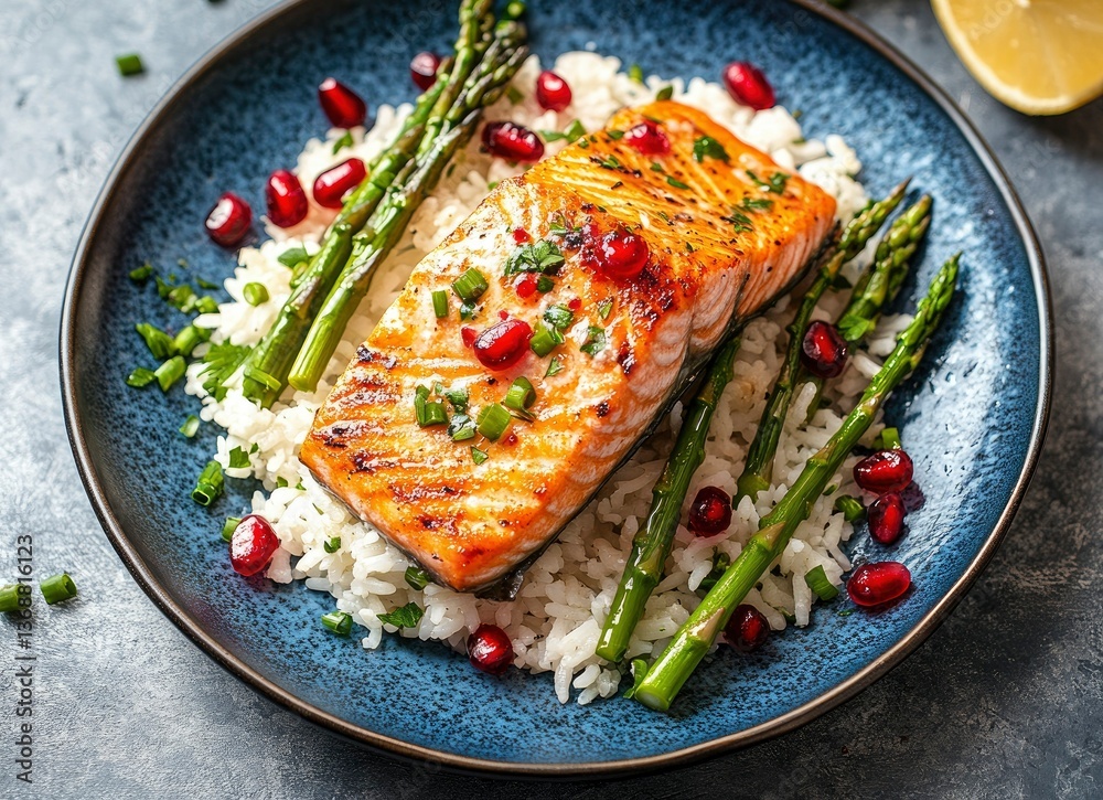 Sizzling with pomegranate and asparagus rice, a medium shot of a perfectly grilled salmon fillet on a blue plate, food photography, food advertisement, top view, delicious appearance, high resolution, Sizzling with pomegranate and asparagus rice, a medium shot of a perfectly grilled salmon fillet on a blue plate, food photography, food advertisement, top view, delicious appearance, high resolution,