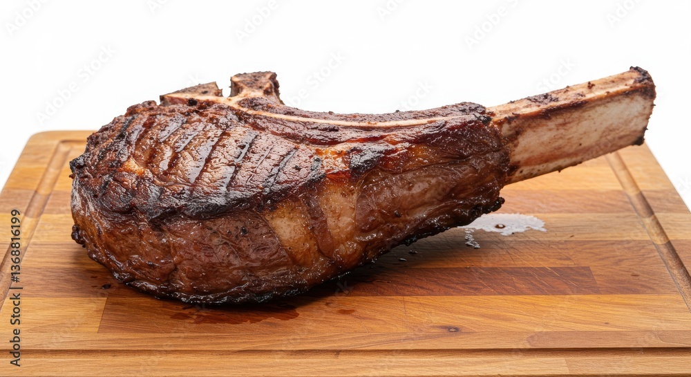 Close up of a grilled tomahawk steak on a wooden cutting board against a white background studio shot Close up of a grilled tomahawk steak on a wooden cutting board against a white background studio shot