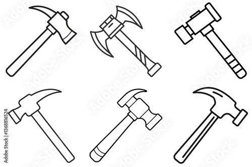 Hammer Outline Coloring Page - Line Art Drawing Set on White Background