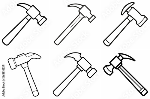 Hammer Outline Coloring Page - Line Art Drawing Set on White Background