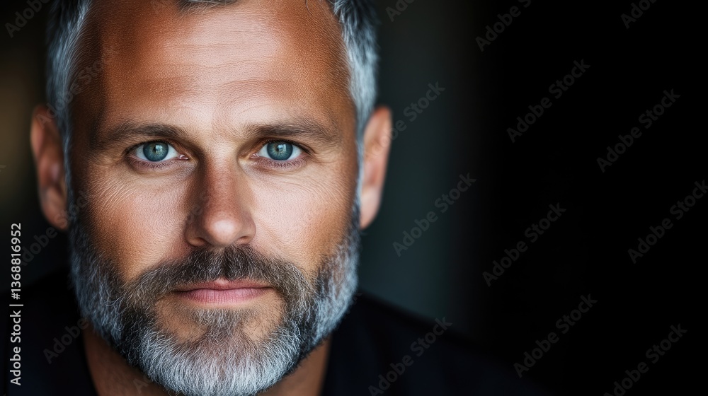 Obraz premium Close-up portrait of a man with gray hair and beard, intense gaze