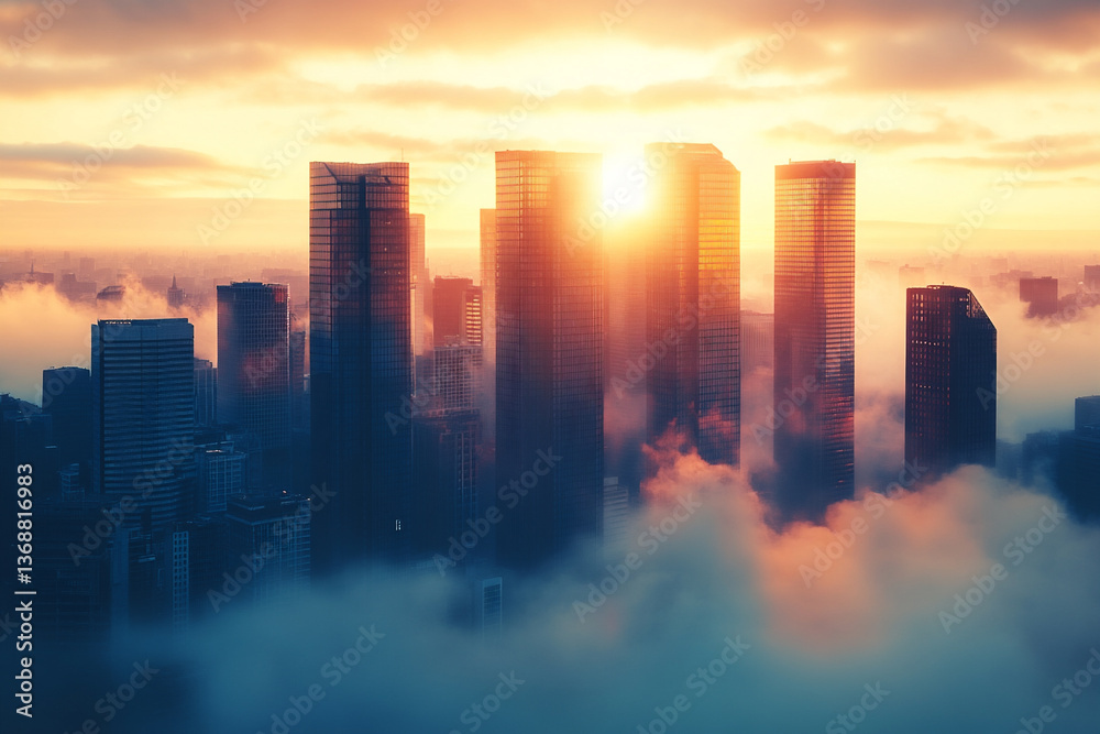 Futuristic Metropolis Awakens at Dawn With Towering Skyscrapers Emerging From the Clouds and a Glowing Sunrise Illuminating the Skyline Futuristic Metropolis Awakens at Dawn With Towering Skyscrapers Emerging From the Clouds and a Glowing Sunrise Illuminating the Skyline