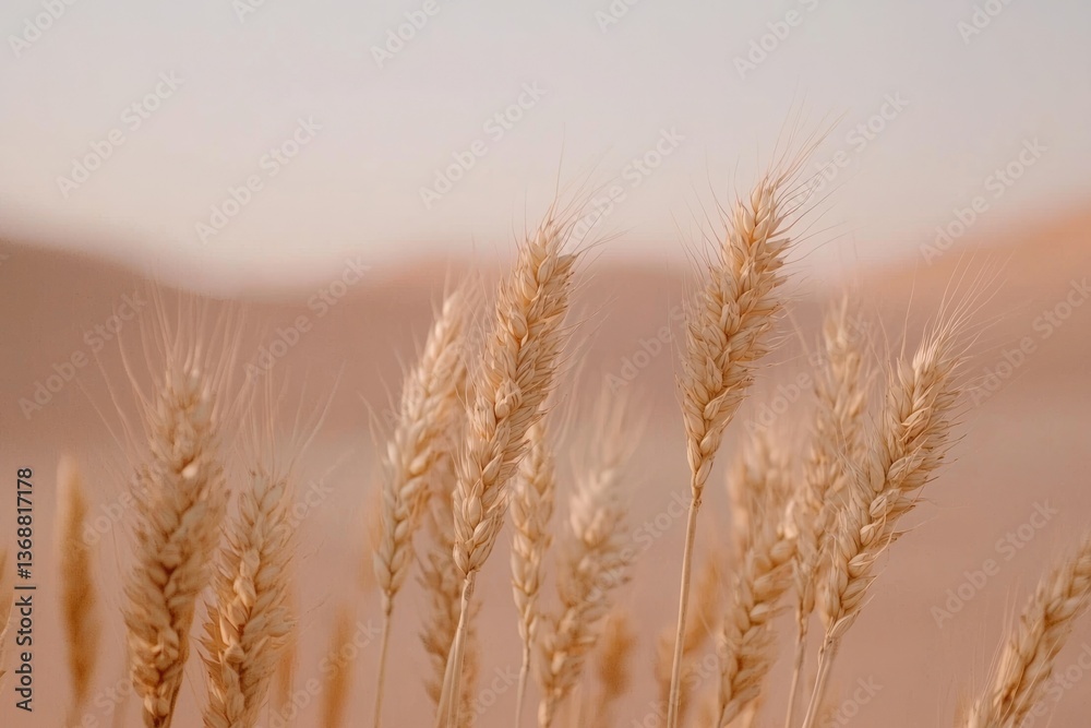 Obraz premium Golden wheat stalks stand tall against a soft, diffused background, showcasing nature's simple beauty in warm, muted tones.