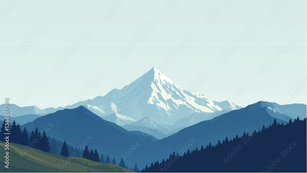 Naklejka premium Mountains covered with snow. Mountains landscape. Snowy Mountain Range. Vector illustration. 