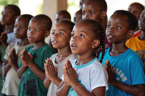 Gazing upwards with expressions of hopeful anticipation and wonder, a diverse group of children stand together, their eyes fixed on something beyond the frame