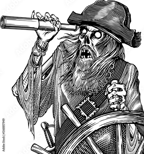 Black and white vector illustration with old sailor zombie
