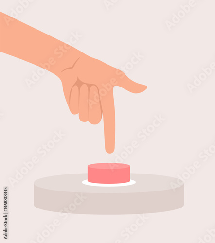 Human hand pressing a red button with index finger. Flat vector illustration