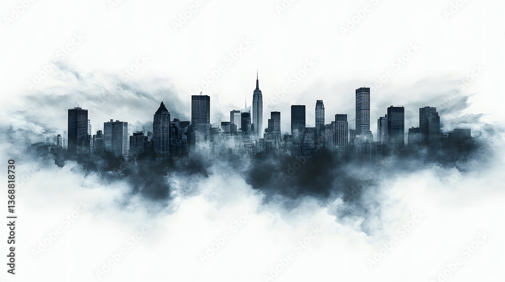 Obraz premium City Skyline Emerging from Fog on White Background