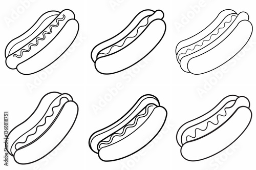 Hot Dog Outline Coloring Page - Line Art Drawing Set on White Background