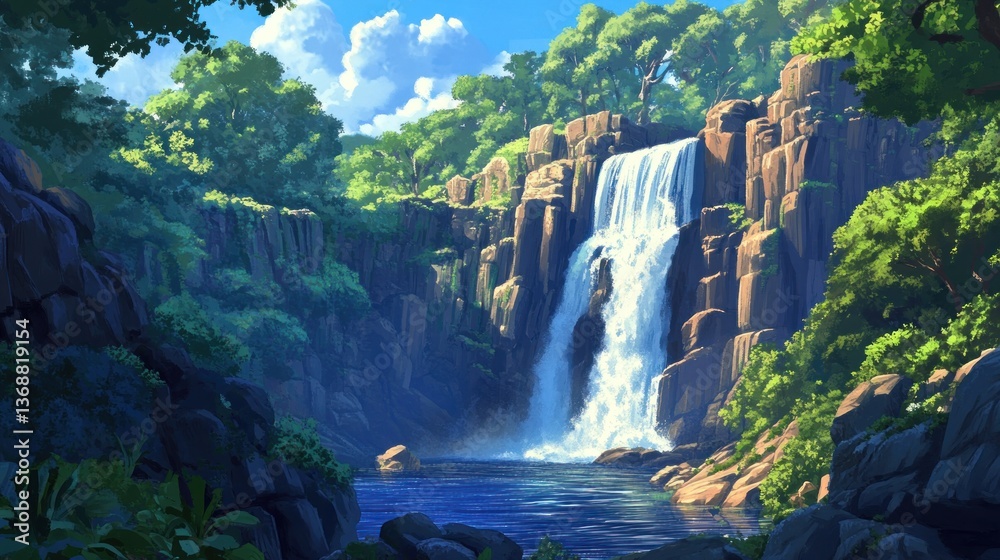 Fototapeta premium Serene waterfall cascading through verdant cliffs and lush foliage