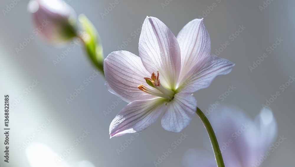 Fototapeta premium Delicate, pale pink flower, petals backlit, soft focus background, bud present