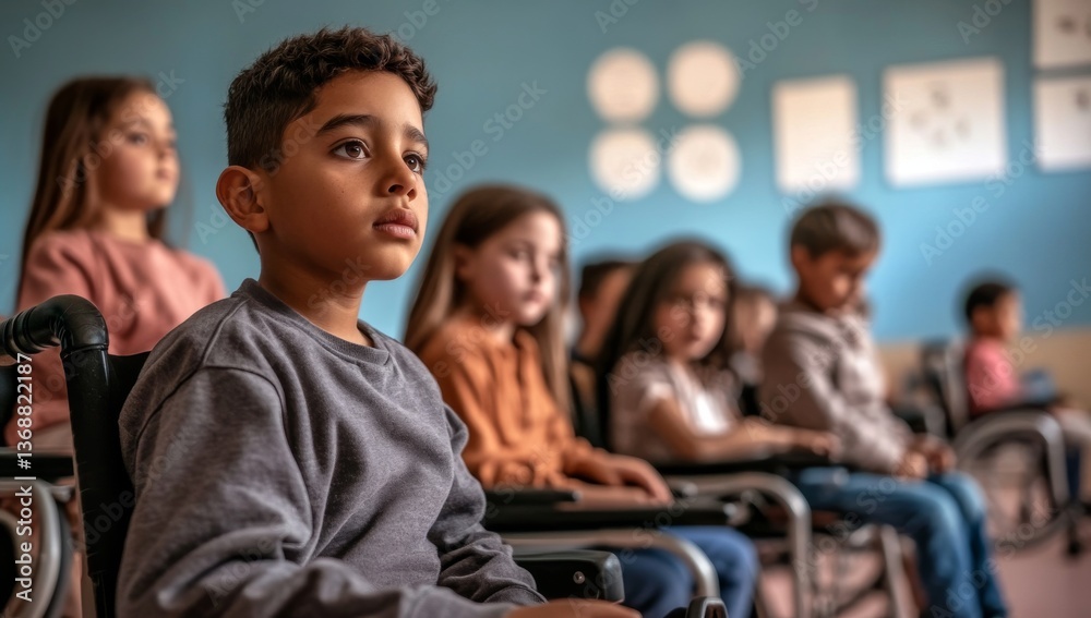 Obraz premium A group of children sitting in wheelchairs st school.