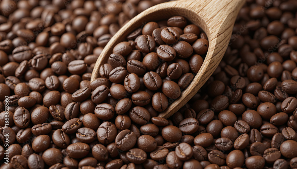 Fototapeta premium Close-up view of roasted coffee beans spilling from a wooden spoon onto a textured surface. The rich, glossy finish of the beans showcases their quality and aroma