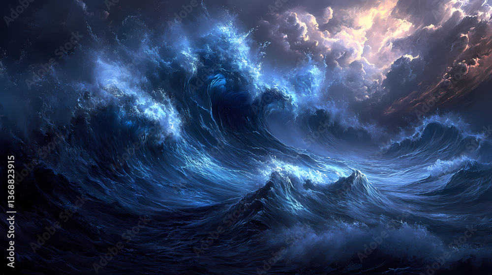 Fototapeta premium Sapphire blue waves crash dramatically on a mystical shore, ethereal mist swirling, crest, wave texture. Sapphire Mist. Illustration