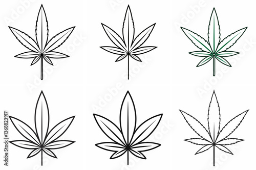 Marijuana Leaf Outline Coloring Page - Line Art Drawing Set on White Background