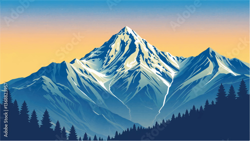 Mountains covered with snow. Mountains landscape. Snowy Mountain Range. Vector illustration.	
