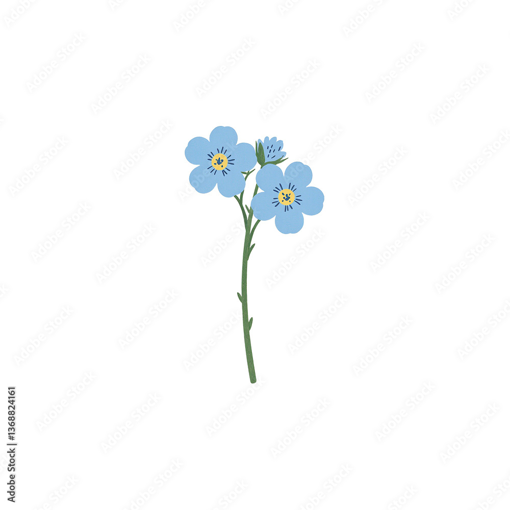 Naklejka premium Delicate flat light blue forget me not flower illustration with small petals and green stem on white background