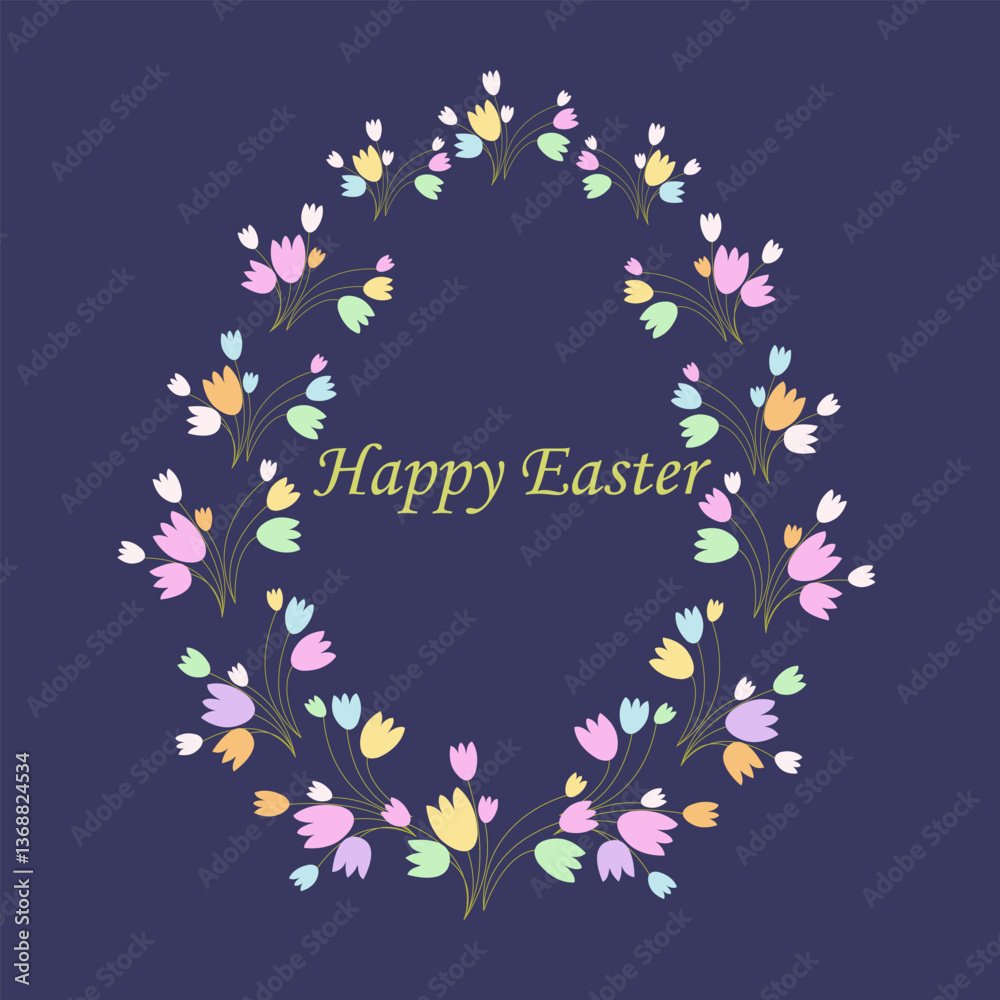 Egg-shaped frame made of colorful bright flowers. Happy Easter floral frame, background, Easter egg card, framed banner design. Vector illustration