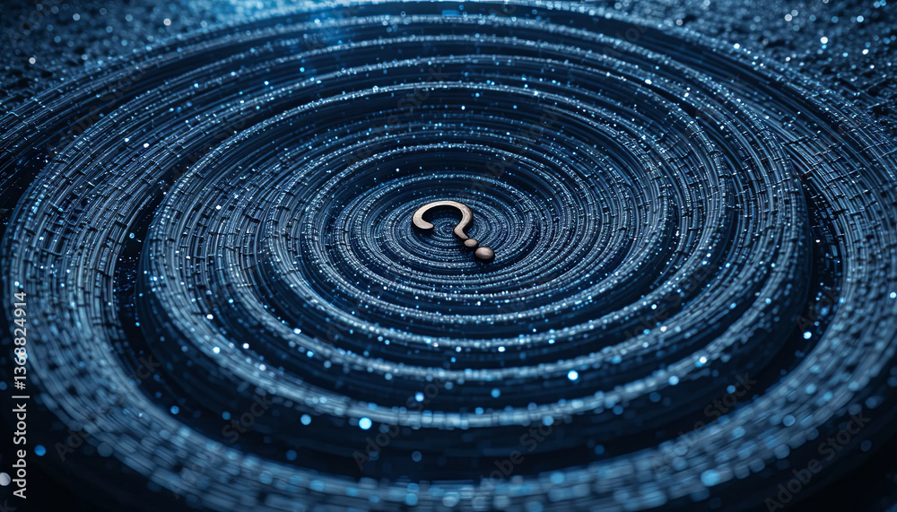 A question mark rests at the center of a swirling cosmic pattern composed of stars and digital data. The scene evokes wonder and curiosity about the universe's mysteries A question mark rests at the center of a swirling cosmic pattern composed of stars and digital data. The scene evokes wonder and curiosity about the universe's mysteries