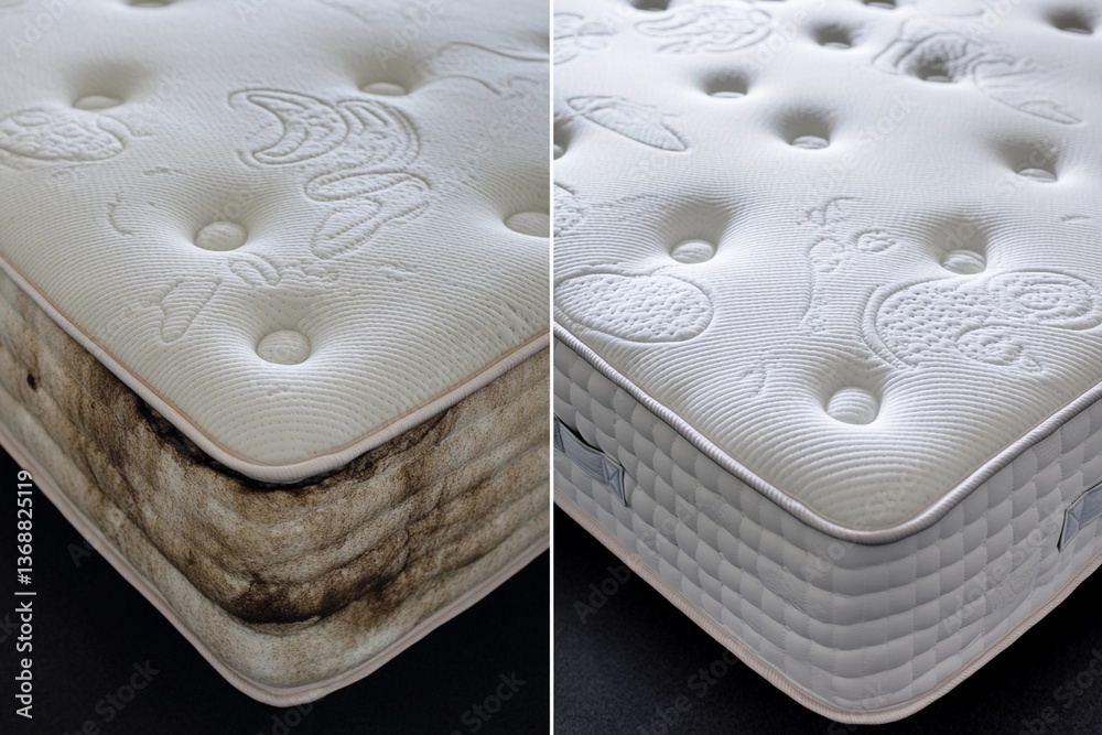 Mattress cleaning transformation showcasing before and after removal of stains and dirt