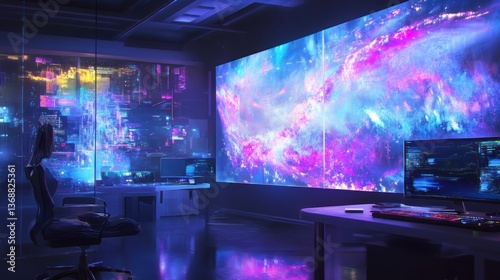Wallpaper Mural Futuristic workspace with galactic display merging digital and physical realms Torontodigital.ca