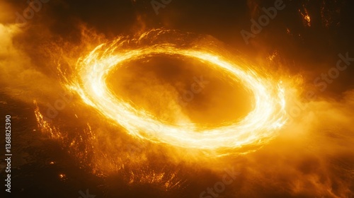 A glowing orange ring of energy floats amidst swirling clouds.