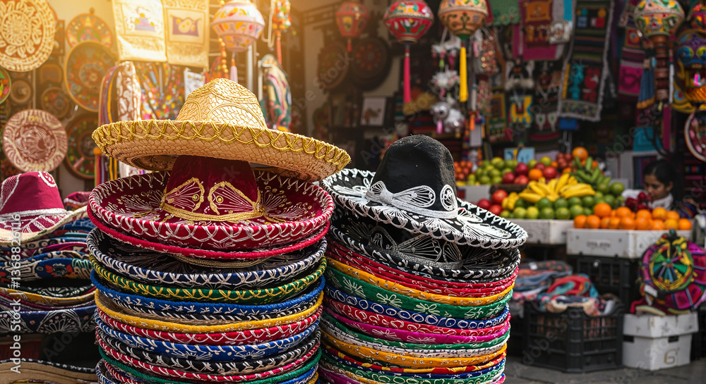 Naklejka premium Colorful sombreros stacked in a vibrant market setting