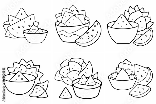  Nachos with Salsa Outline Coloring Book Page Line Art Drawing Set