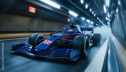 A blue Formula 1 car with the British flag on it, driving through an underground tunnel.