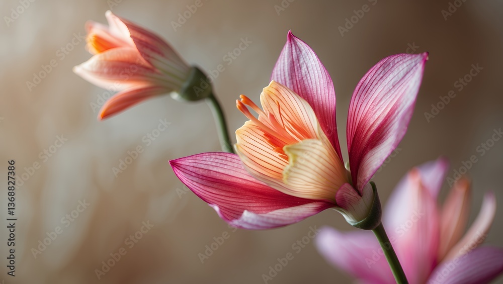 Fototapeta premium Delicate pink and orange flowers blooming with soft blurred background