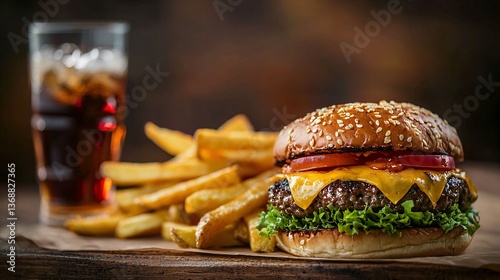 Delicious cheeseburger with fries and cola on a wooden table