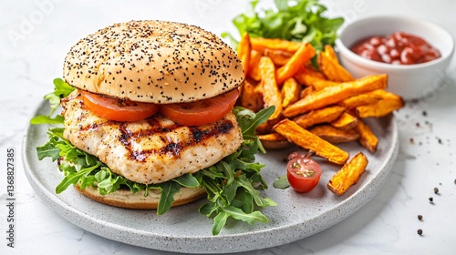 Grilled Chicken Burger with Sweet Potato Fries and Fresh Salad