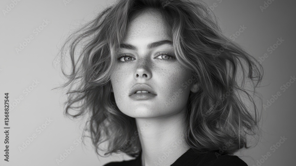 Monochrome portrait of a beautiful young woman with freckles and messy hair, conveying confidence and natural beauty Monochrome portrait of a beautiful young woman with freckles and messy hair, conveying confidence and natural beauty