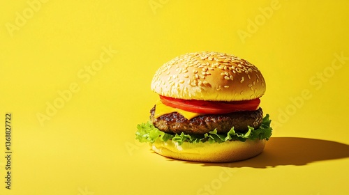 Juicy Cheeseburger on Bright Yellow Background with Fresh Ingredients