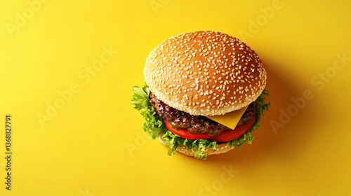 Delicious Cheeseburger with Fresh Lettuce and Tomato on Yellow Background