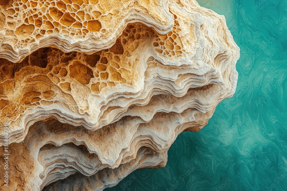 Unique rock formation with layered texture and honeycomb patterns, contrasted against turquoise water creating natural abstract art. Unique rock formation with layered texture and honeycomb patterns, contrasted against turquoise water creating natural abstract art.