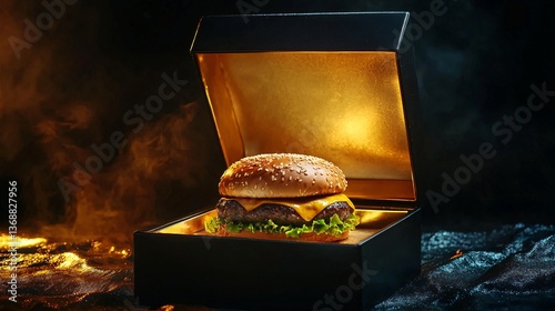 Gourmet Cheeseburger in Elegant Box with Smoke and Gold Lighting